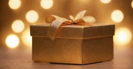 Golden gift box with elegant bow on a sparkling bokeh background, perfect for special occasions.