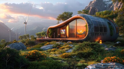 Wall Mural - beautiful house in the middle of the forest, built for using state-of-the-art renewable energy inclu