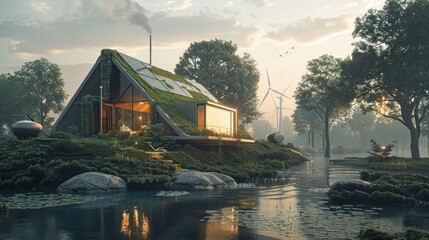 Wall Mural - beautiful house in the middle of the forest, built for using state-of-the-art renewable energy inclu
