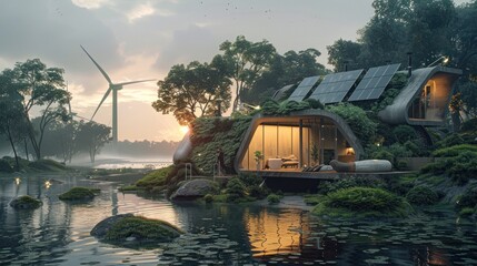 Wall Mural - beautiful house in the middle of the forest, built for using state-of-the-art renewable energy inclu
