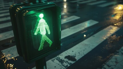 Poster - A pedestrian crossing signal displaying a green walking figure, allowing pedestrians to safely cross the street.
