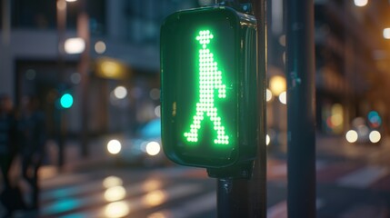 Poster - A pedestrian crossing signal displaying a green walking figure, allowing pedestrians to safely cross the street.