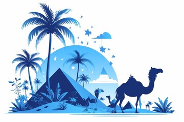 Wall Mural - Flat vector illustration of camels and pyramids in the desert