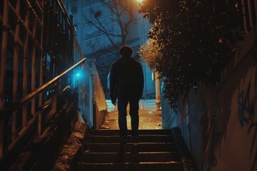 Wall Mural - A man is walking down a dark staircase