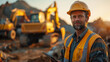 © JMarques - Portrait of a foreman or site supervisor wearing a hard hat, digital tablet and safety uniform. Construction site with excavators and machinery in the background. Copy space.
