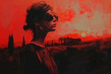 Wall Mural - A woman is standing in front of a house with a red sun in the background