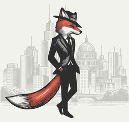 Wall Mural - fox wearing a suit in the city vintage illustration