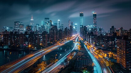Poster - Stunning night view of the modern city skyline with dynamic light trails on buildings and busy streets below. Generative AI.