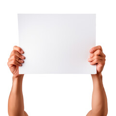 Wall Mural - Paper in hands on a white or transparent background. Close-up of a man holding a white sheet of paper. Mockup. Protest. Starting ideas. Ideas for the future. New beginnings.