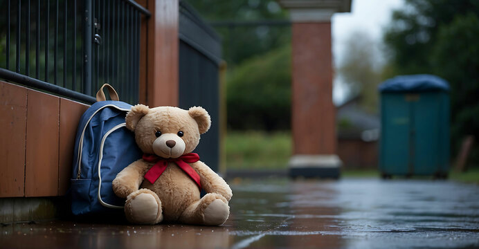 Sad Teddy bear sitting on School gate with a backpack in the rain. School memories concept