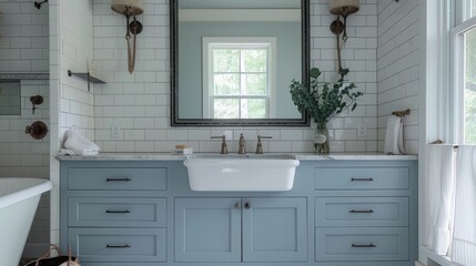 A vintage bathroom with blue gray cabinets, white tiles, and herringbone floor in front of an oversized mirror above the sink. Generative AI.