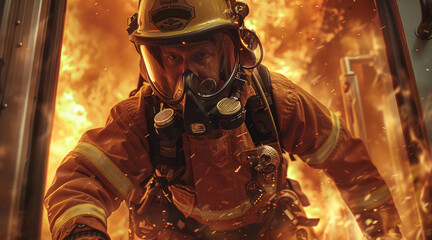 Aufkleber - A firefighter in full gear, heroically entering a burning building. Generative AI.