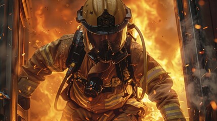 Aufkleber - A firefighter in full gear, heroically entering a burning building. Generative AI.