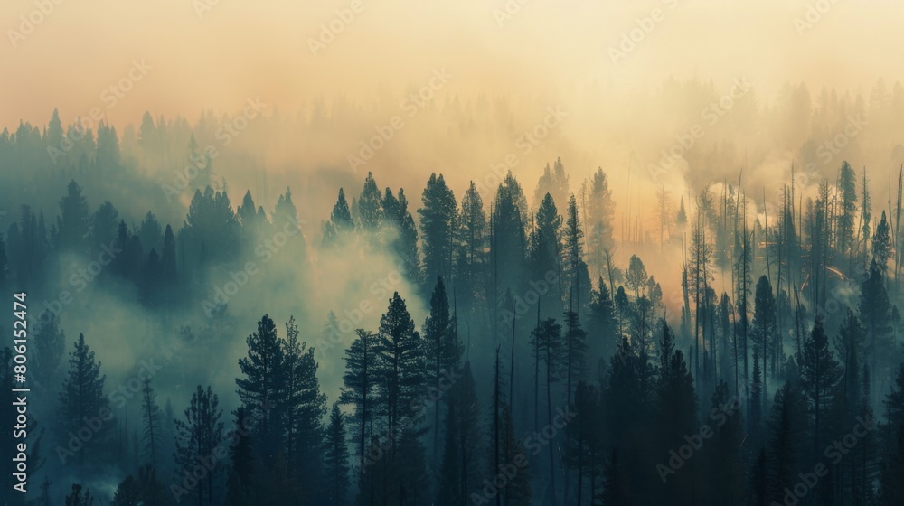 A smoky haze settling over a forest during a wildfire, obscuring ...