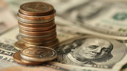 Poster - A stack of coins and dollar bills on a table, representing wealth accumulation and financial success through saving and investment.