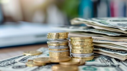 Poster - A stack of coins and dollar bills on a table, representing wealth accumulation and financial success through saving and investment.