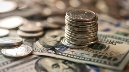 Poster - A stack of coins and dollar bills on a table, representing wealth accumulation and financial success through saving and investment.