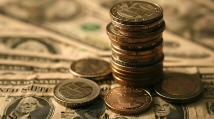 Poster - A stack of coins and dollar bills on a table, representing wealth accumulation and financial success through saving and investment.