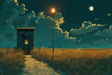 Wall Mural - A small house is in the middle of a field with a light pole and a street light