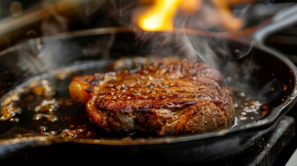 Wall Mural - A steak being seared on a hot cast-iron skillet, creating a caramelized crust for maximum flavor and texture.