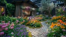 A Garden With A Path And A Small House In The Middle. The Flowers Are In Full Bloom And The Colors Are Vibrant