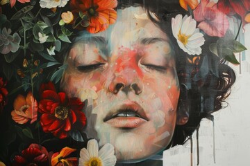 Wall Mural - A painting of a woman with flowers on her head