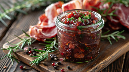 A jar of premium bacon jam in glass In addition to bacon, a wooden tray with preserved items was placed over a wooden table