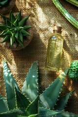 Wall Mural - cactus essential oil on burlap background