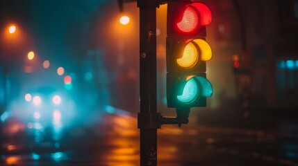 Aufkleber - A traffic light at night, illuminating the dark street with its red, yellow, and green signals for smooth traffic flow.