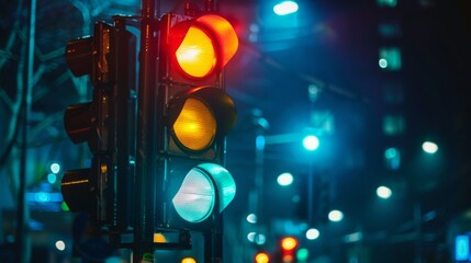 Aufkleber - A traffic light at night, illuminating the dark street with its red, yellow, and green signals for smooth traffic flow.