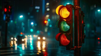 Aufkleber - A traffic light at night, illuminating the dark street with its red, yellow, and green signals for smooth traffic flow.