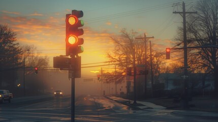 Poster - A traffic light intersection at dawn, with soft morning light casting a golden hue on the signal lights, signaling the start of a new day's commute.