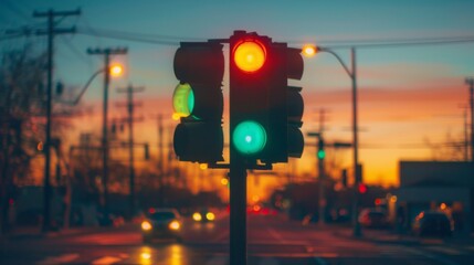 Poster - A traffic light intersection at dawn, with soft morning light casting a golden hue on the signal lights, signaling the start of a new day's commute.