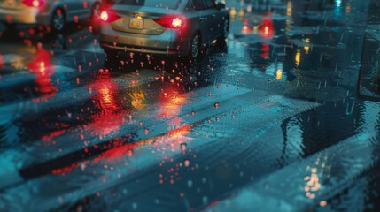 Fototapete - A traffic light reflection on a rainy street, adding a surreal ambiance as vehicles navigate through wet conditions with caution.