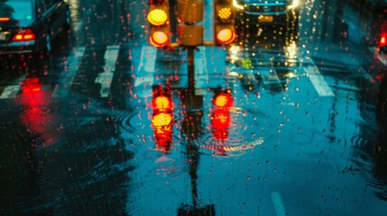 Fototapete - A traffic light reflection on a rainy street, adding a surreal ambiance as vehicles navigate through wet conditions with caution.