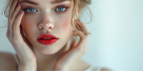 Wall Mural - A woman with red lipstick and blue eyes on white wall background. Gently touches his face with his hands. Concept of tenderness and beauty.