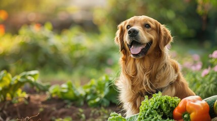 Wall Mural - dog and fresh vegetables. Selective focus