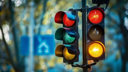 Poster - A traffic signal changing from red to green, indicating the transition from stop to go for vehicles at an intersection.