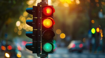 Poster - A traffic signal changing from red to green, indicating the transition from stop to go for vehicles at an intersection.