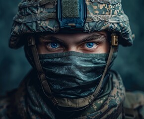 Wall Mural - Soldier in Face Mask Looking at Camera