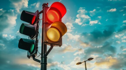 Poster - A traffic signal changing from red to green, indicating the transition from stop to go for vehicles at an intersection.