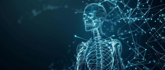 The depiction of a detailed human skeleton on a dark backdrop elevates the futuristic science research banner, Sharpen banner template with copy space on center