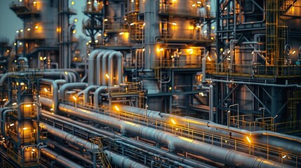 Poster - Close up Modern industrial plant or oil refinery petrochemical chemical processing factory. Generative AI.