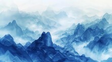 Watercolor Chinese Or Japanese Blue Mountains Depict An Ethereal Landscape Of Foggy Peaks At Dawn, Offering A Serene And Artistic Backdrop, Illustration Art Template