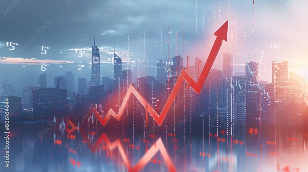 3D illustration of an upward arrow on the background with stock market ...