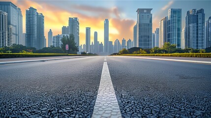 Aufkleber - The scenery consists of an empty asphalt road and a city skyline with modern buildings. Generative AI.