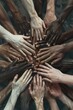 © Pungu x - An array of hands joined together, viewed from above, featuring a spectrum of skin colors against a neutral grey background, 2d illustration