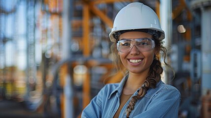 Wall Mural - A smiling female worker wearing safety glasses and white hard hat, working at electric towers center. Generative AI.