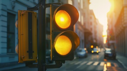 Poster - A yellow traffic light glowing, warning drivers to slow down and prepare to stop as they approach an intersection.