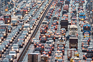 top view of a dense row of vehicles on the highway, traffic jams during rush hour in city